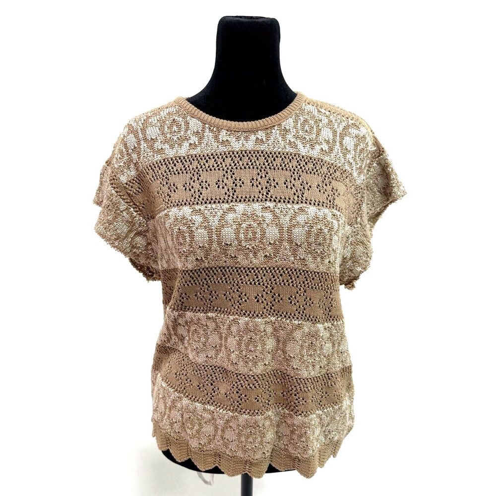 Liz Claiborne vintage knit tan cream and metallic gold sweater crew neck